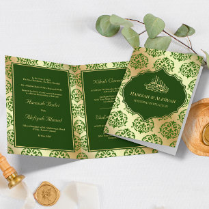 Faux Gold Foil Dark Green Damask Muslim Wedding Invitation