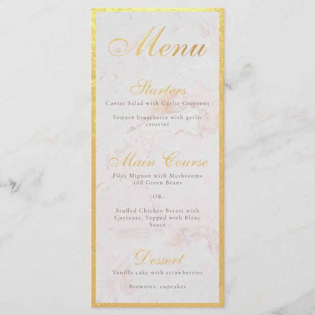 Faux Gold Foil Elegant Calligraphy White Marble Me Menu (Front)