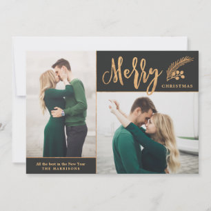Faux Gold Foil Elegant Christmas Photo   Black Holiday Card