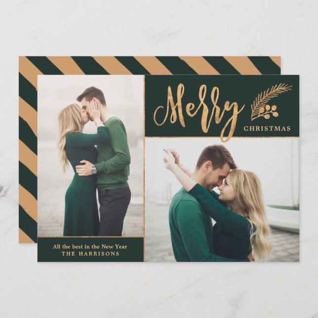 Faux Gold Foil Elegant Christmas Photo | Green Holiday Card (Front/Back)