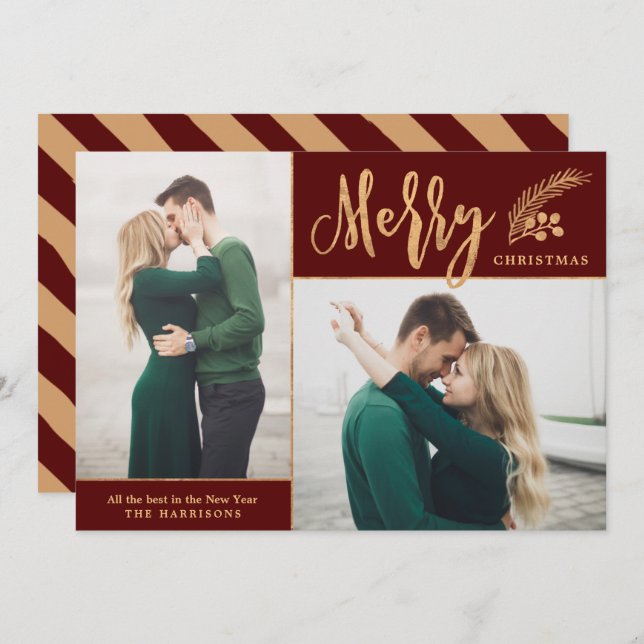 Faux Gold Foil Elegant Christmas Photo | Maroon Holiday Card (Front/Back)