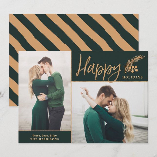 Faux Gold Foil Elegant Happy Photo | Green Holiday Card (Front/Back)
