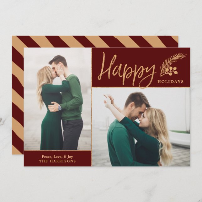 Faux Gold Foil Elegant Happy Photo | Maroon Holiday Card (Front/Back)