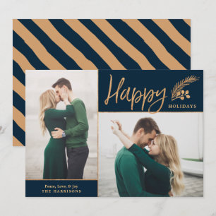 Faux Gold Foil Elegant Happy Photo   Navy Holiday Card