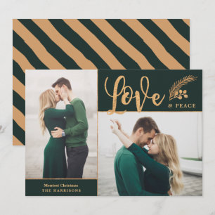 Faux Gold Foil Elegant Love Peace Photo Green Holiday Card