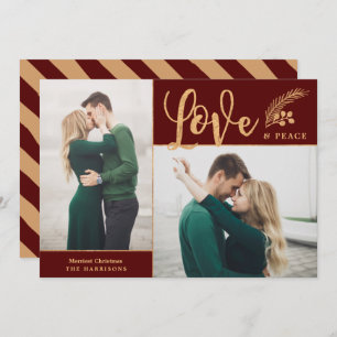 Faux Gold Foil Elegant Love Peace  Photo   Maroon Holiday Card