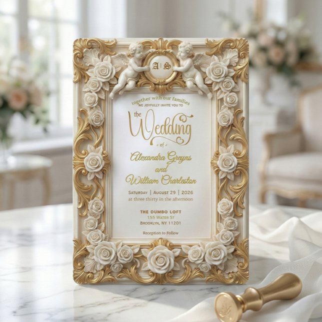 Faux Gold Foil Embossed Style Baroque Monogram Invitation (Creator Uploaded)