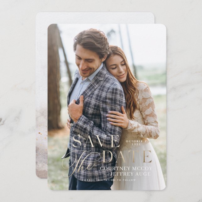 Faux Gold Foil Fall Wedding Save the Date Invitation (Front/Back)