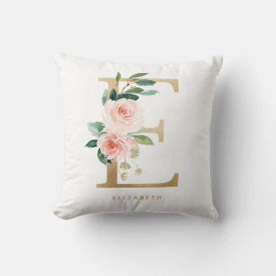 Faux Gold Foil Floral Letter E Monogram Cushion