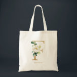 Faux Gold Foil Floral Letter F Monogram Bridesmaid Tote Bag<br><div class="desc">Feminine and elegant floral tote bag featuring watercolor illustrations of white flowers,  greenery and faux foil letter F monogram. Personalise by adding a name or short phrase. This F monogram floral canvas bag will be perfect as a personalised gift.</div>