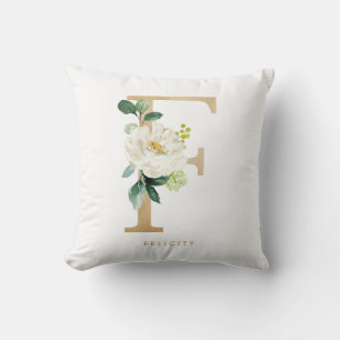 Faux Gold Foil Floral Letter F Monogram Cushion