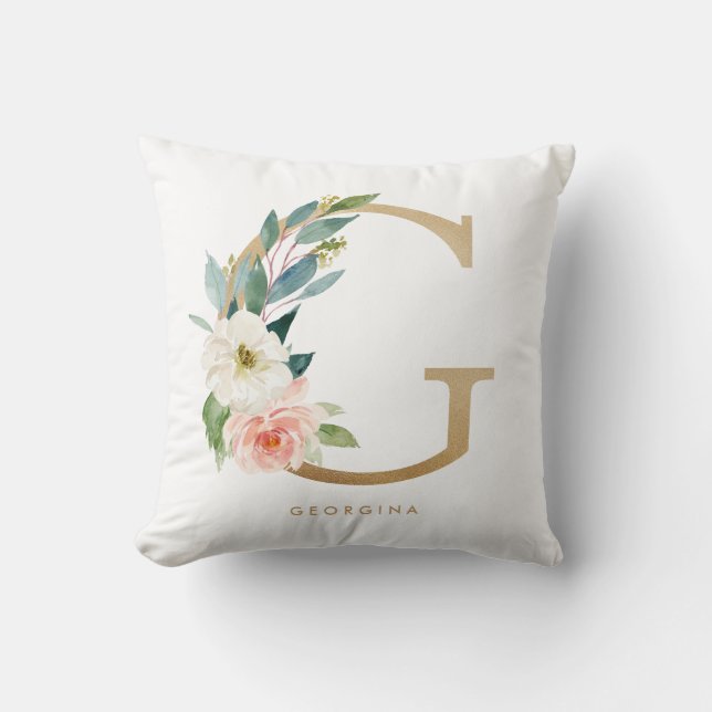 Faux Gold Foil Floral Letter G Monogram Cushion (Front)