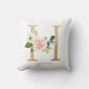 Faux Gold Foil Floral Letter H Monogram Cushion