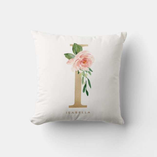 Faux Gold Foil Floral Letter I Monogram Cushion (Front)
