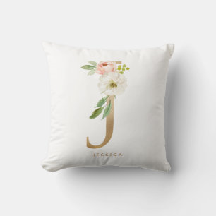 Faux Gold Foil Floral Letter J Monogram Cushion
