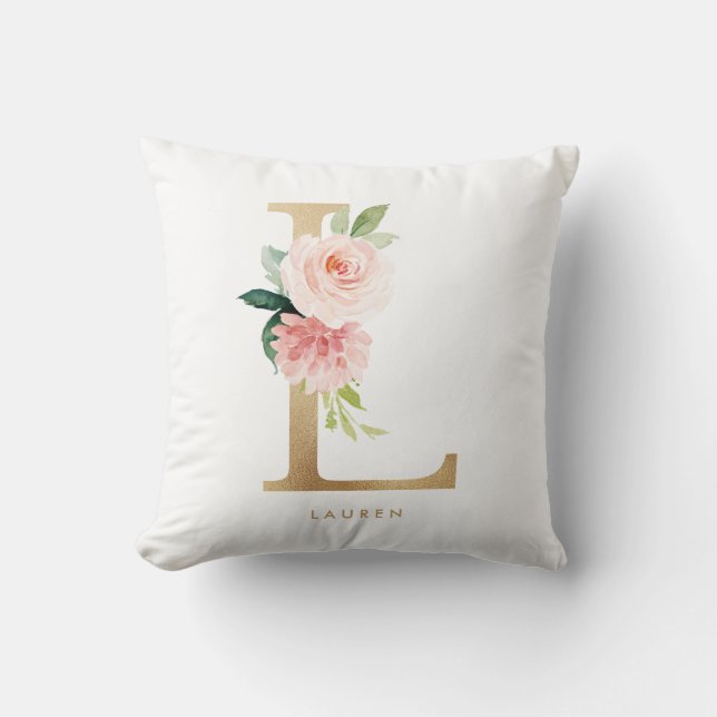 Faux Gold Foil Floral Letter L Monogram Cushion (Front)