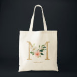 Faux Gold Foil Floral Letter M Monogram Bridesmaid Tote Bag<br><div class="desc">Feminine and elegant floral tote bag featuring watercolor illustrations of flowers,  greenery and faux foil monogram. Personalise by adding a name or short phrase. This letter M monogram floral canvas bag will be perfect as a personalised gift.</div>