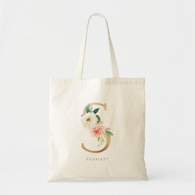 Faux Gold Foil Floral Letter S Monogram Bridesmaid Tote Bag (Front)