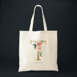 Faux Gold Foil Floral Letter T Monogram Bridesmaid Tote Bag<br><div class="desc">Feminine and elegant floral tote bag featuring watercolor illustrations of flowers,  greenery and faux foil monogram. Personalise by adding a name or short phrase. This letter T monogram floral canvas bag will be perfect as a personalised gift.</div>