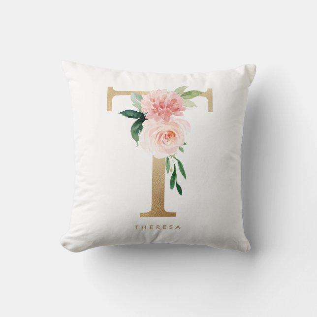 Faux Gold Foil Floral Letter T Monogram Nursery Cushion (Front)