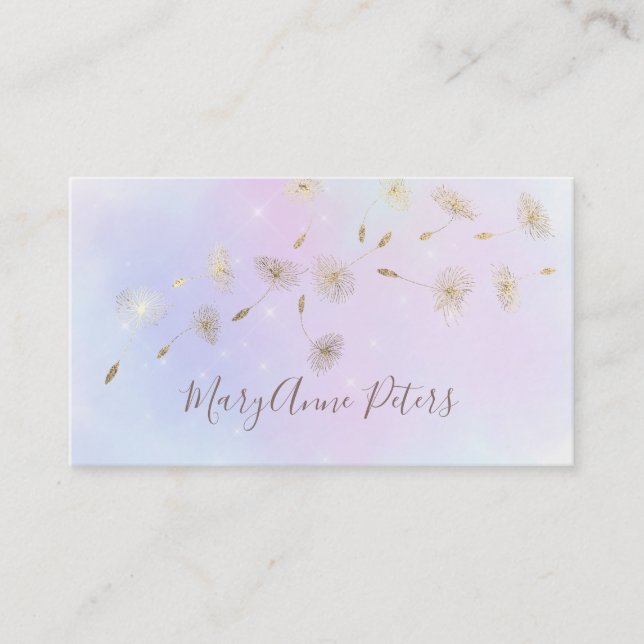 faux gold foil flying dandelions on pastel splash business card (Front)