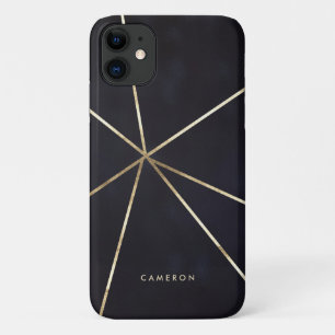 Faux Gold Foil Geometric Lines Navy Blue iPhone 11 Case
