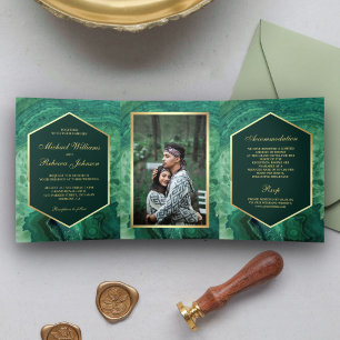 Faux Gold Foil Green Agate Wedding Photo Tri-Fold Invitation