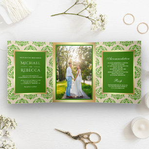 Faux Gold Foil Green Damask Wedding Photo Tri-Fold Invitation