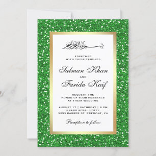 Faux Gold Foil Green Glitter Islamic Wedding Invitation