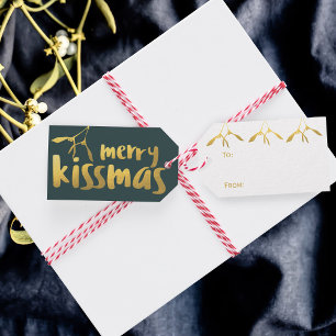 Faux Gold Foil Green Merry Kissmas Gift Tag