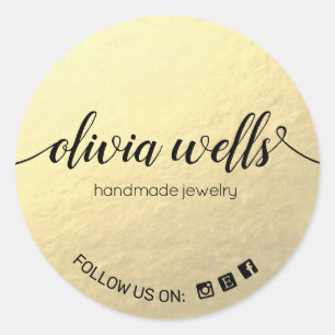 Faux Gold Foil Handwritten Script Social Media Classic Round Sticker