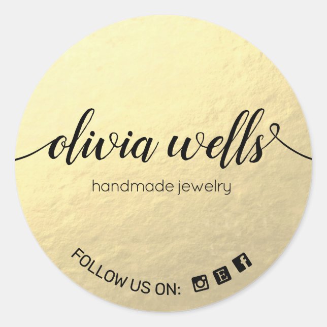 Faux Gold Foil Handwritten Script  Social Media Classic Round Sticker (Front)