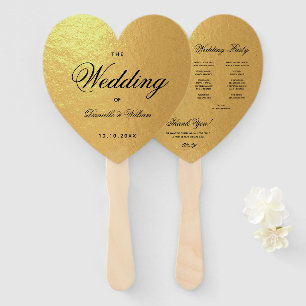 Faux Gold Foil Heart Wedding Program Black Script Hand Fan