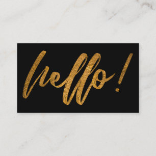 Faux Gold Foil Hello Handwriting Script on Black Business Card