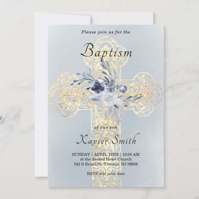 faux gold foil Holy Cross catholic Baptism Invitation (Front)