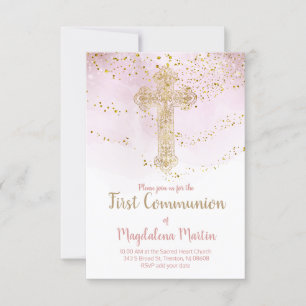 Faux gold foil holy cross First Communion Invitation