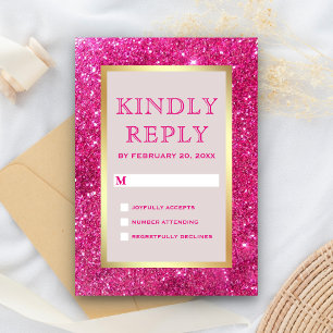 Faux Gold Foil Hot Pink Glitter Wedding RSVP Card
