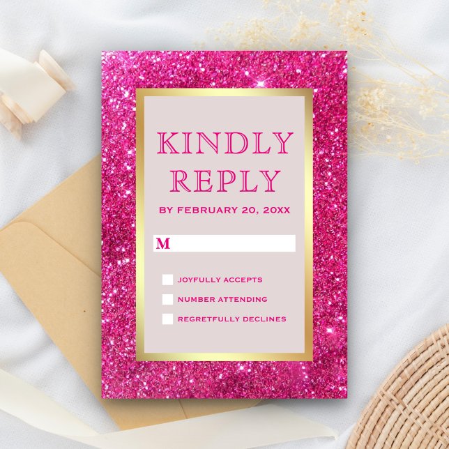 Faux Gold Foil Hot Pink Glitter Wedding RSVP Card (Creator Uploaded)