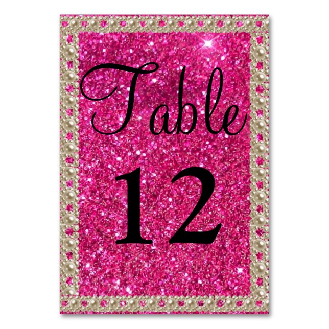 Faux Gold Foil Hot Pink Glitter Wedding Table Numb Table Number (Front)