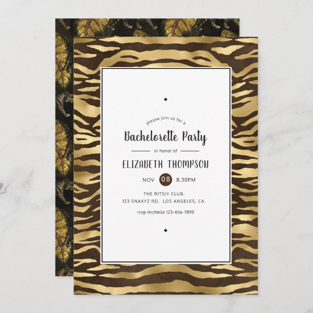 Faux Gold Foil Jungle Tiger Bachelorette Party Invitation (Front/Back)