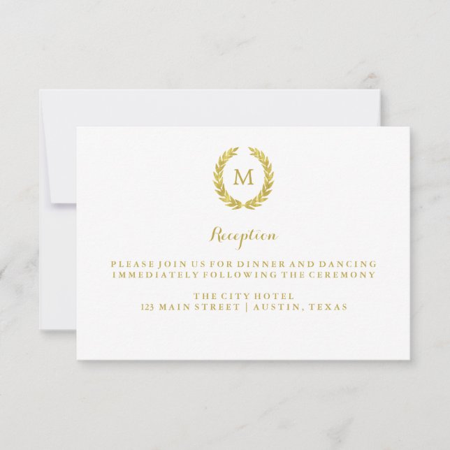 Faux Gold Foil Laurel Wreath Monogram Reception Invitation (Front)