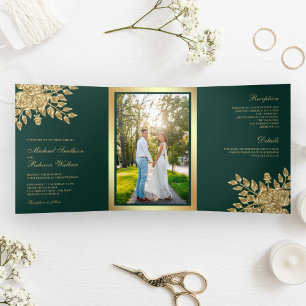 Faux Gold Foil Leaves Floral Emerald Green Wedding Tri-Fold Invitation