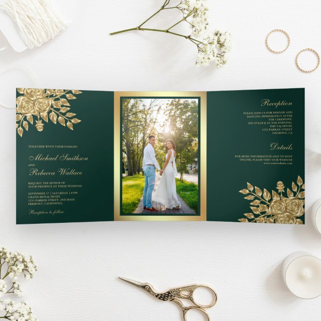 Faux Gold Foil Leaves Floral Emerald Green Wedding Tri-Fold Invitation (Creator Uploaded)