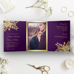 Faux Gold Foil Leaves Floral Purple Wedding Tri-Fold Invitation