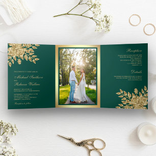 Faux Gold Foil Leaves Floral Teal Green Wedding Tri-Fold Invitation