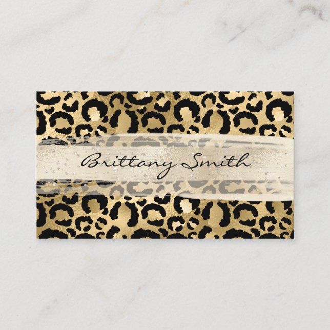 Faux Gold Foil Leopard Champagne Brush Stroke Business Card (Front)