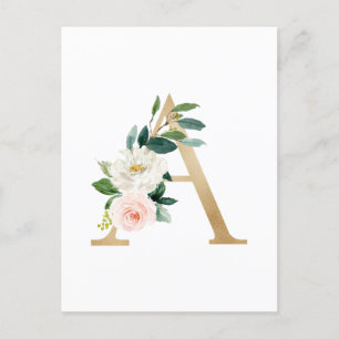 Faux Gold Foil Letter A Blush Floral Monogram Postcard