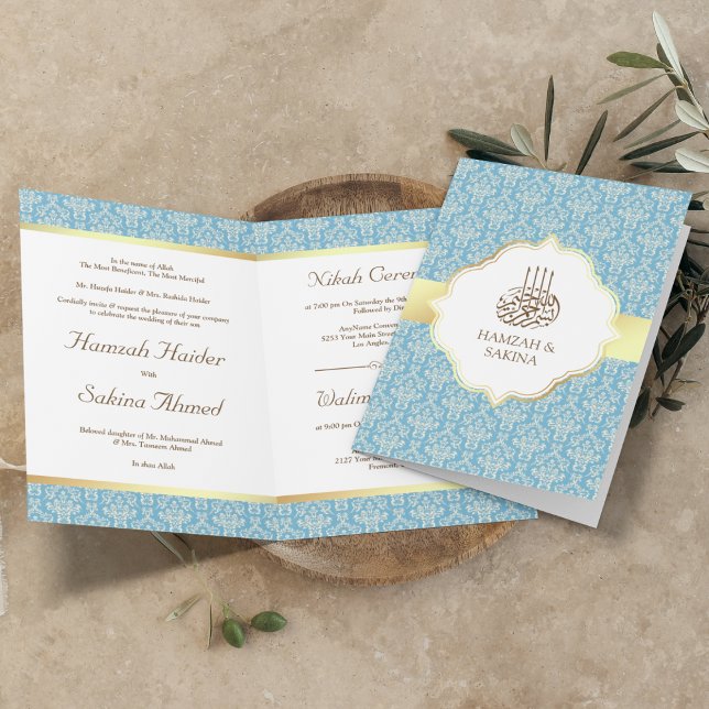 Faux Gold Foil Light Blue Damask Muslim Wedding Invitation (Creator Uploaded)