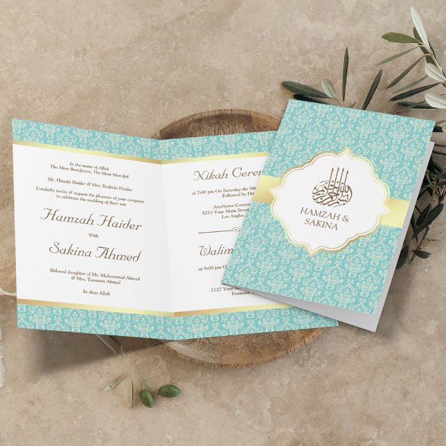 Faux Gold Foil Light Teal Damask Muslim Wedding Invitation (Creator Uploaded)