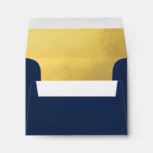Faux Gold Foil Liner Navy Blue Wedding RSVP Envelope